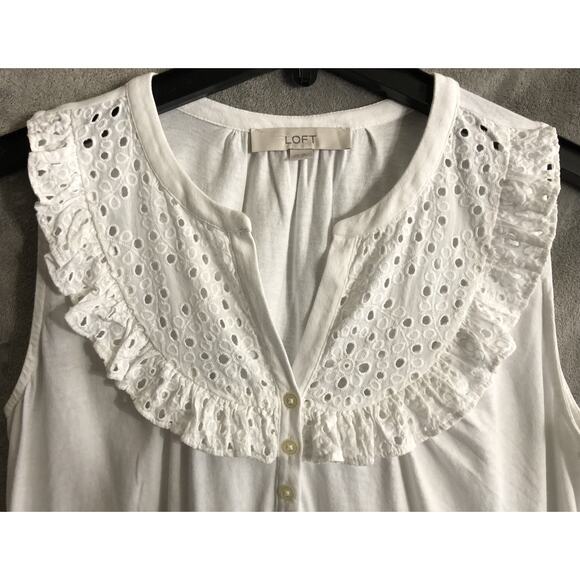 Loft White Ruffled Eyelet V Neck Sleeveless 100% Cotton Tank Top Regular Size XS - Picture 2 of 7